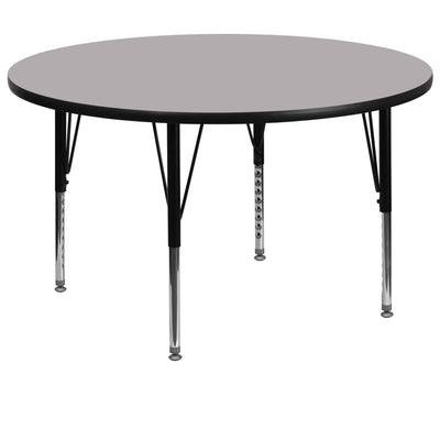 gray round activity table with adjustable legs