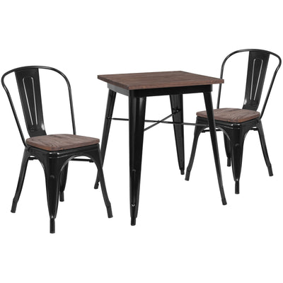 23.5" Square Metal Table Set with Wood Top and 2 Stack Chairs - View 1