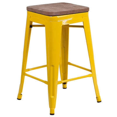 24" High Backless Metal Counter Height Stool with Square Wood Seat - View 1
