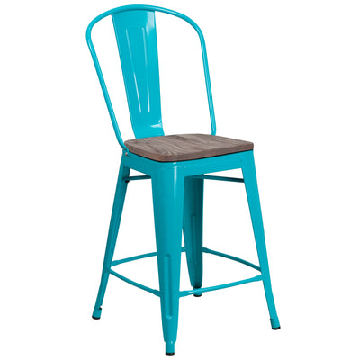 24" High Metal Counter Height Stool with Back and Wood Seat - View 1