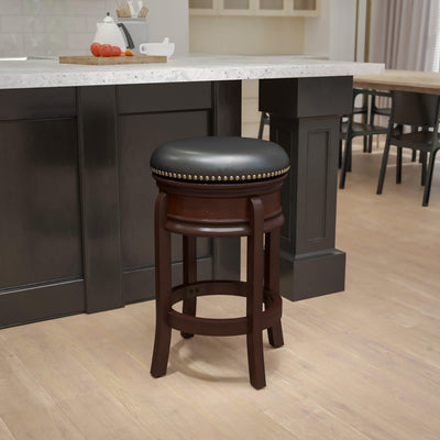 24'' High Backless Wood Counter Height Stool with Carved Apron and LeatherSoftSoft Swivel Seat - View 2