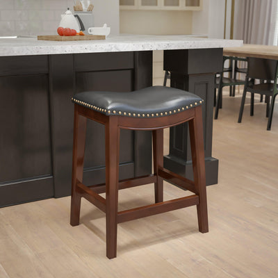 26'' High Backless Wood Counter Height Stool with LeatherSoft Saddle Seat - View 2