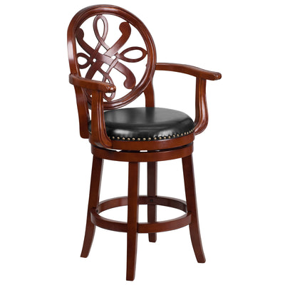 26'' High Wood Counter Height Stool with Arms, Carved Back and LeatherSoft Swivel Seat - View 1