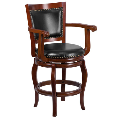 26'' High Wood Counter Height Stool with Arms, Panel Back and LeatherSoft Swivel Seat - View 1