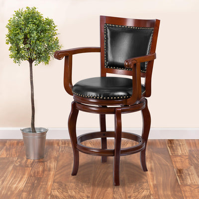 26'' High Wood Counter Height Stool with Arms, Panel Back and LeatherSoft Swivel Seat - View 2