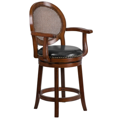 26'' High Wood Counter Height Stool with Arms, Woven Rattan Back and LeatherSoft Swivel Seat - View 1