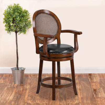 26'' High Wood Counter Height Stool with Arms, Woven Rattan Back and LeatherSoft Swivel Seat - View 2
