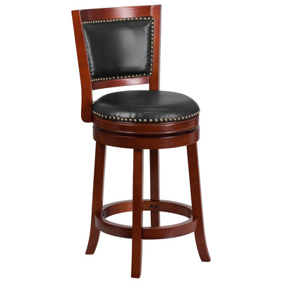 26'' High Wood Counter Height Stool with Open Panel Back and LeatherSoft Swivel Seat - View 1