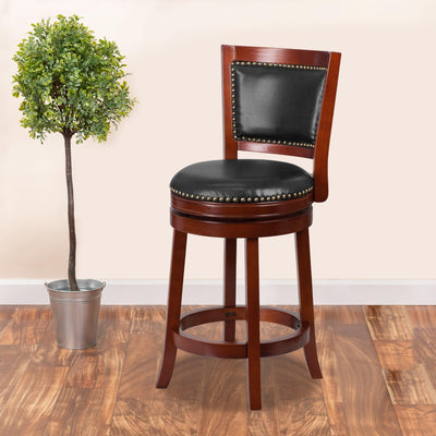 26'' High Wood Counter Height Stool with Open Panel Back and LeatherSoft Swivel Seat - View 2