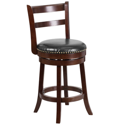 26'' High Wood Counter Height Stool with Single Slat Ladder Back and LeatherSoft Swivel Seat - View 1