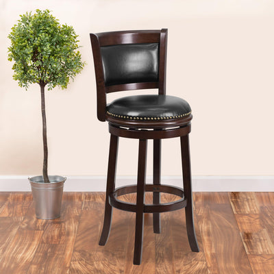 29'' High Wood Barstool with Panel Back and LeatherSoft Swivel Seat - View 2