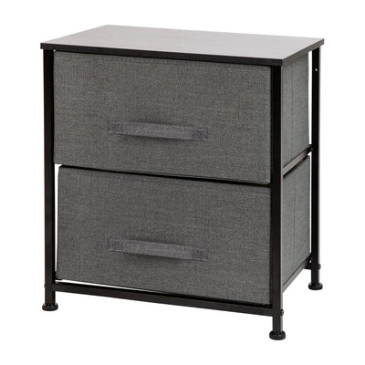 2 Drawer Wood Top Nightstand Storage Organizer with Cast Iron Frame and Dark Easy Pull Fabric Drawers - View 1