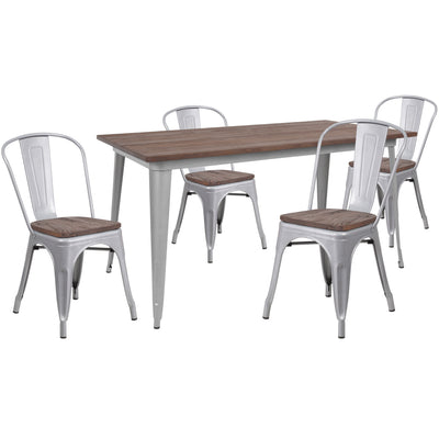30.25" x 60" Metal Table Set with Wood Top and 4 Stack Chairs - View 1