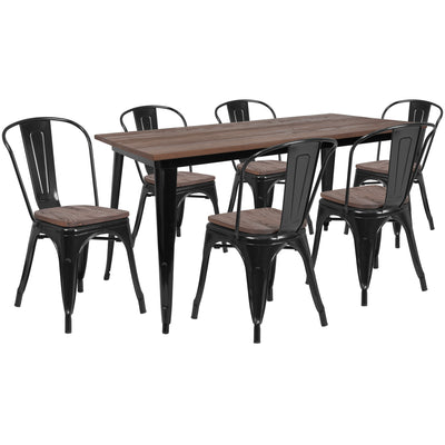 30.25" x 60" Metal Table Set with Wood Top and 6 Stack Chairs - View 1