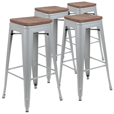 30" High Metal Indoor Bar Stool with Wood Seat - Stackable Set of 4 - View 1