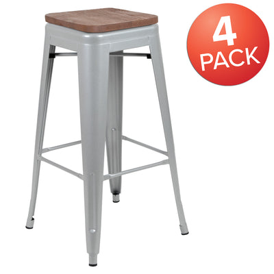 30" High Metal Indoor Bar Stool with Wood Seat - Stackable Set of 4 - View 2