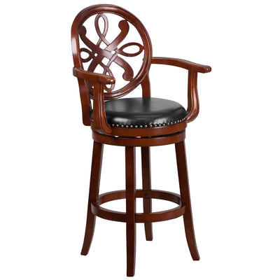 30'' High Wood Barstool with Arms, Carved Back and LeatherSoft Swivel Seat - View 1