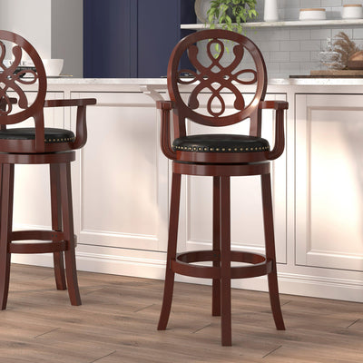 30'' High Wood Barstool with Arms, Carved Back and LeatherSoft Swivel Seat - View 2