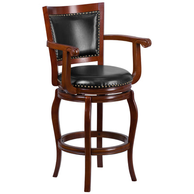 30'' High Wood Barstool with Arms, Panel Back and LeatherSoft Swivel Seat - View 1
