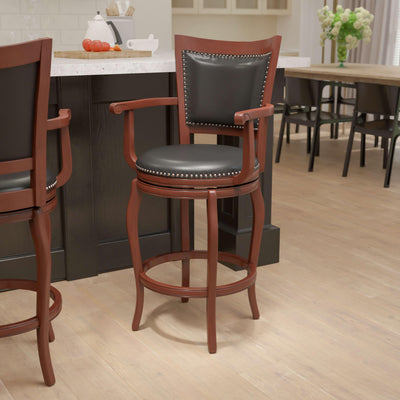 30'' High Wood Barstool with Arms, Panel Back and LeatherSoft Swivel Seat - View 2