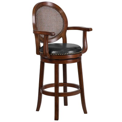 30'' High Wood Barstool with Arms, Woven Rattan Back and LeatherSoft Swivel Seat - View 1