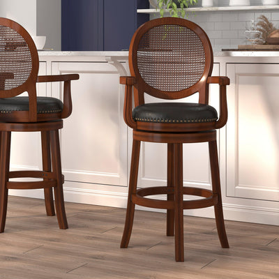 30'' High Wood Barstool with Arms, Woven Rattan Back and LeatherSoft Swivel Seat - View 2
