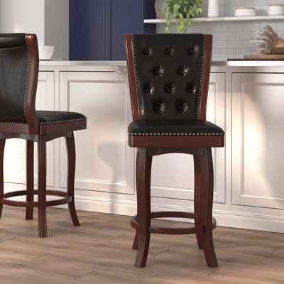 30'' High Wood Barstool with Button Tufted Back and LeatherSoft Swivel Seat - View 2