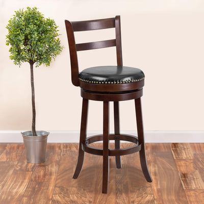30'' High Wood Barstool with Single Slat Ladder Back and LeatherSoft Swivel Seat - View 2