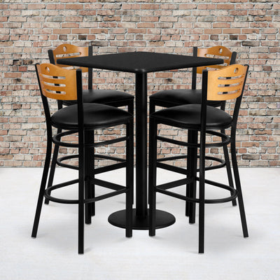 30'' Square Laminate Table Set with 4 Wood Slat Back Metal Barstools - View 2