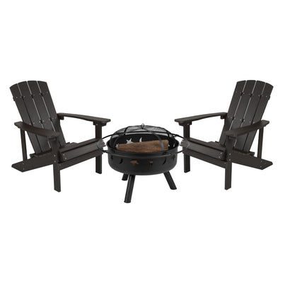 3 Piece Charlestown Poly Resin Wood Adirondack Chair Set with Fire Pit - Star and Moon Fire Pit with Mesh Cover - View 1