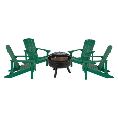 5 Piece Charlestown Poly Resin Wood Adirondack Chair Set with Fire Pit - Star and Moon Fire Pit with Mesh Cover - View 1