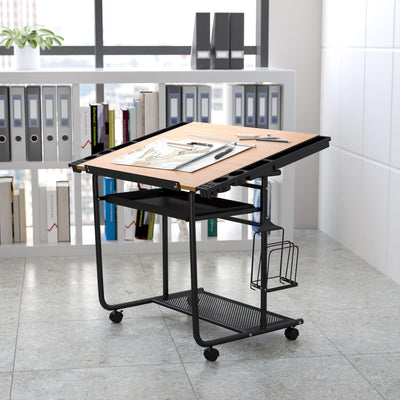 Adjustable Drawing and Drafting Table with Black Frame and Dual Wheel Casters - View 2