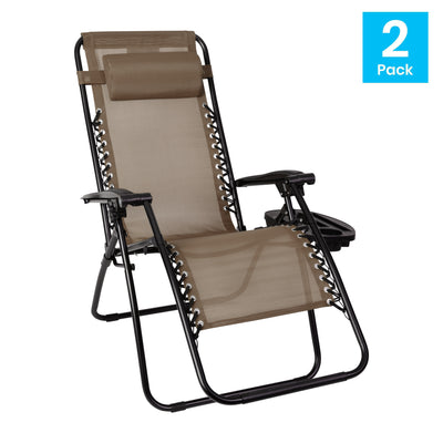 Adjustable Folding Mesh Zero Gravity Reclining Lounge Chair with Pillow and Cup Holder Tray, Set of 2 - View 2