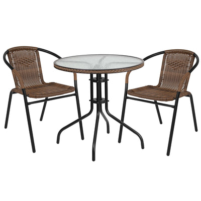 Barker 28'' Round Glass Metal Table with Rattan Edging and 2 Rattan Stack Chairs - View 1