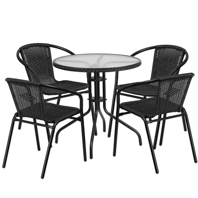 Barker 28'' Round Glass Metal Table with Rattan Edging and 4 Rattan Stack Chairs - View 1