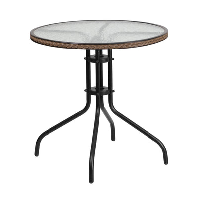 Barker 28'' Round Tempered Glass Metal Table with Rattan Edging - View 1