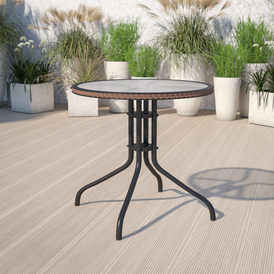 Barker 28'' Round Tempered Glass Metal Table with Rattan Edging - View 2
