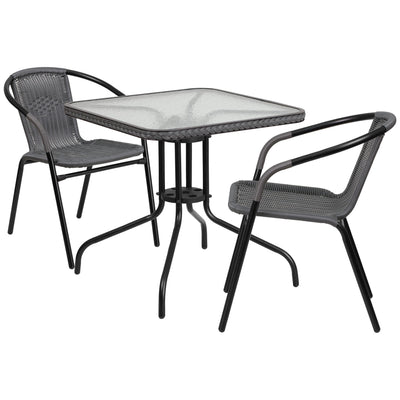 Barker 28'' Square Glass Metal Table with Rattan Edging and 2 Rattan Stack Chairs - View 1