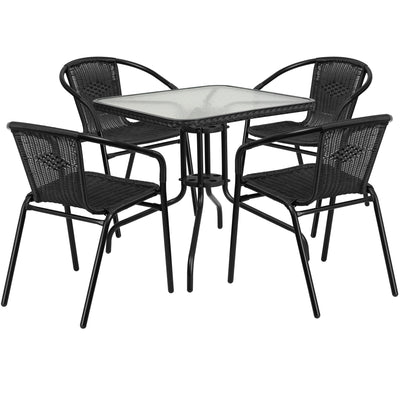Barker 28'' Square Glass Metal Table with Rattan Edging and 4 Rattan Stack Chairs - View 1