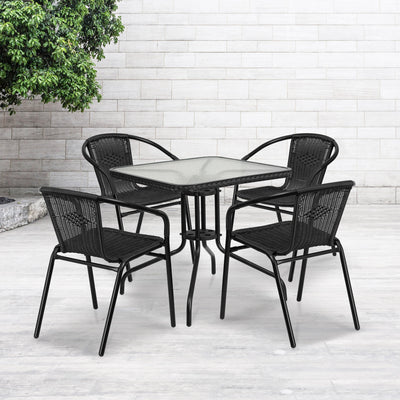 Barker 28'' Square Glass Metal Table with Rattan Edging and 4 Rattan Stack Chairs - View 2