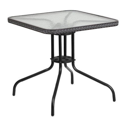 Barker 28'' Square Tempered Glass Metal Table with Rattan Edging - View 1