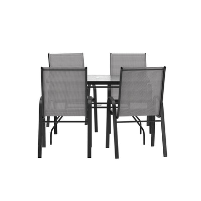 Brazos 5 Piece Commercial Grade Patio Dining Set with Tempered Glass Patio Table and 4 Chairs with Flex Comfort Material Seats and Backs - View 1