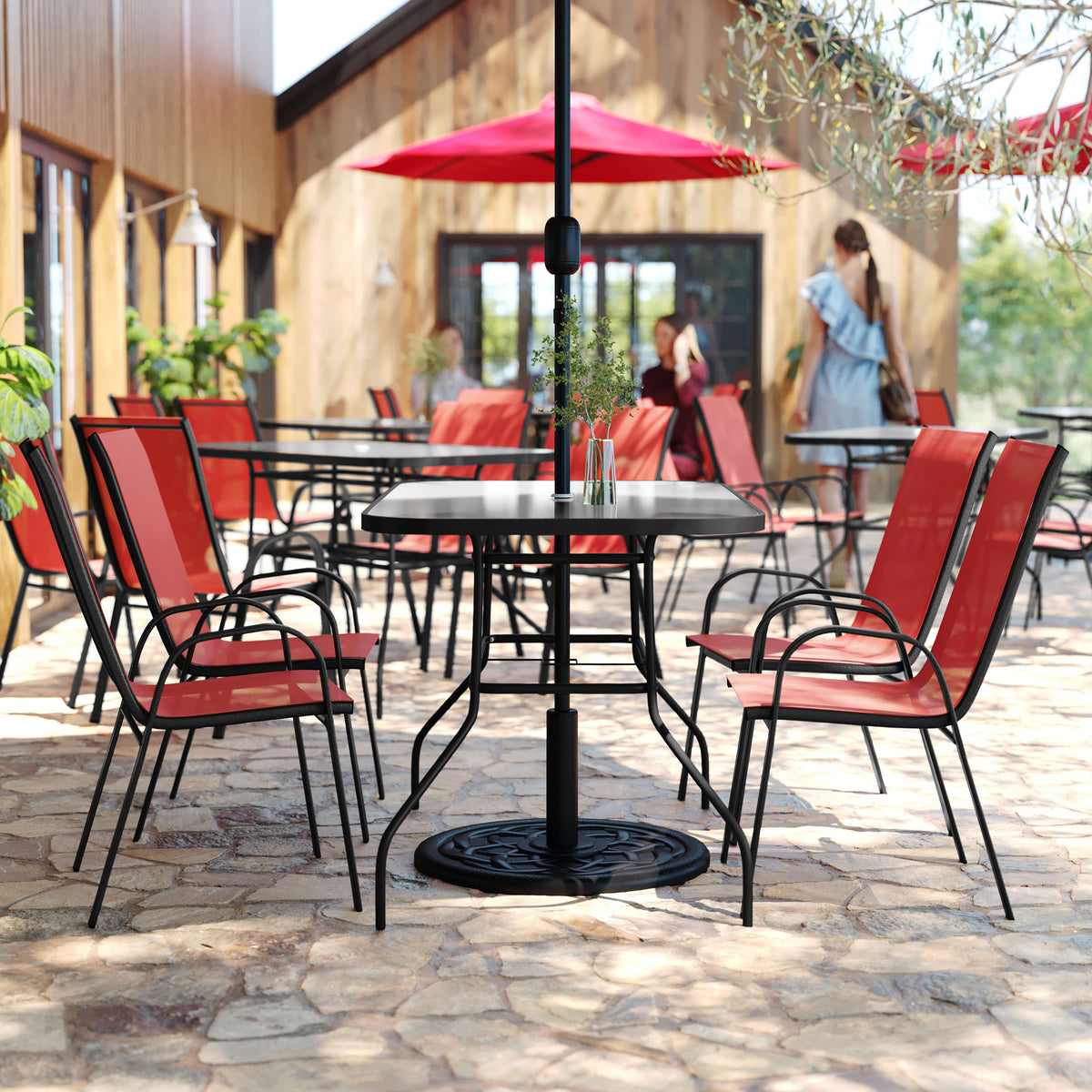 Red |#| Commercial 5 Pc Outdoor Patio Dining Set with Glass Table and 4 Chairs - Red