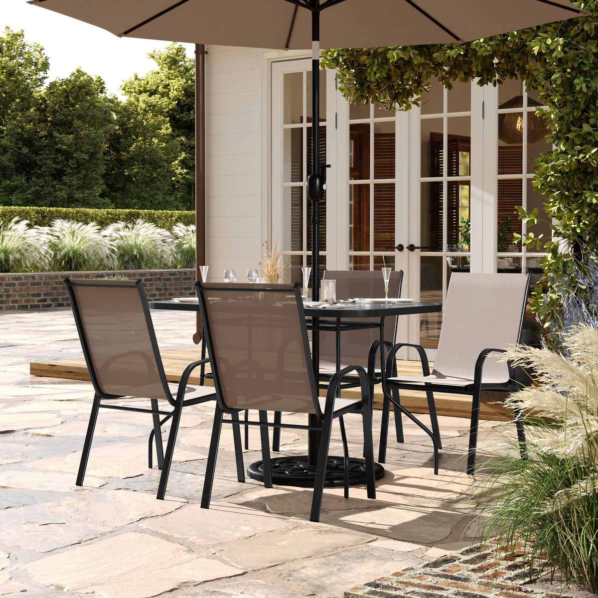 Brown |#| Commercial 5 Pc Outdoor Patio Dining Set with Glass Table and 4 Chairs - Brown