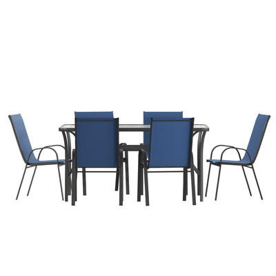 Brazos 7 Piece Commercial Grade Patio Dining Set with Tempered Glass Patio Table and 6 Chairs with Flex Comfort Material Seats and Backs - View 1