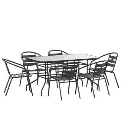 Brazos 7 Piece Outdoor Patio Dining Set - Tempered Glass Patio Table, 6 Flex Comfort Stack Chairs - View 1