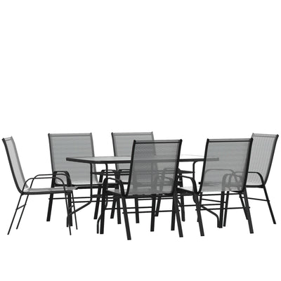 Brazos 7 Piece Outdoor Patio Dining Set - Tempered Glass Patio Table, 6 Flex Comfort Stack Chairs - View 1