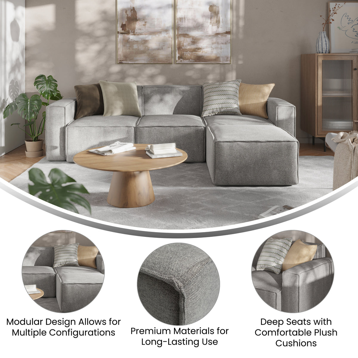 Gray |#| Contemporary 4 Piece Modular Sectional Sofa with Ottoman in Gray Fabric