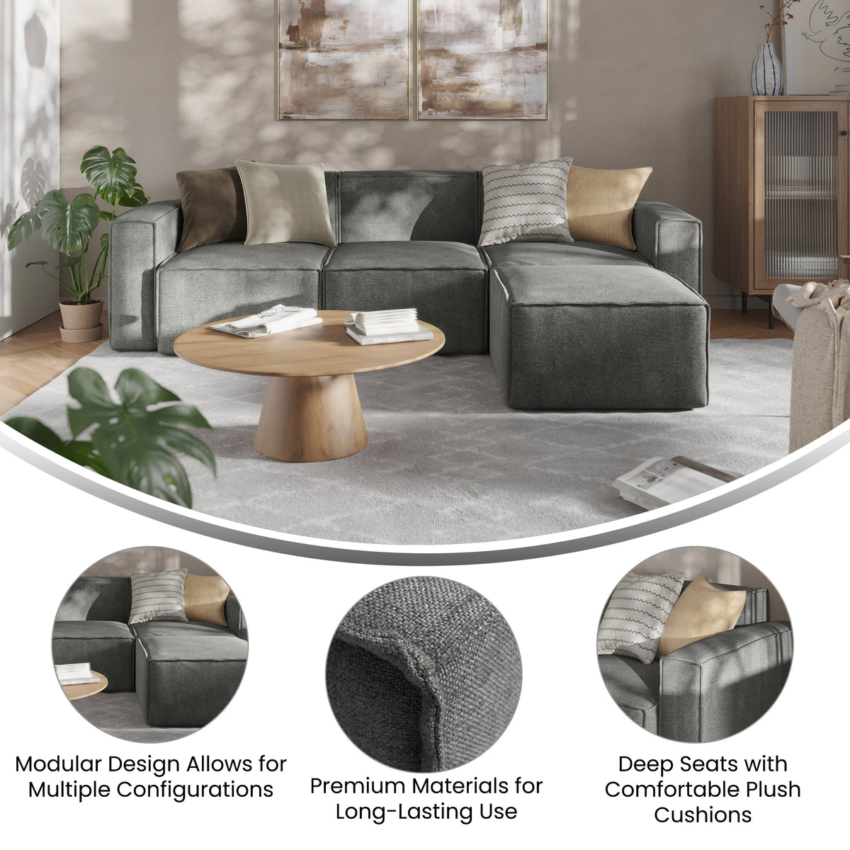 Dark Gray |#| Contemporary 4 Piece Modular Sectional Sofa with Ottoman in Dark Gray Fabric