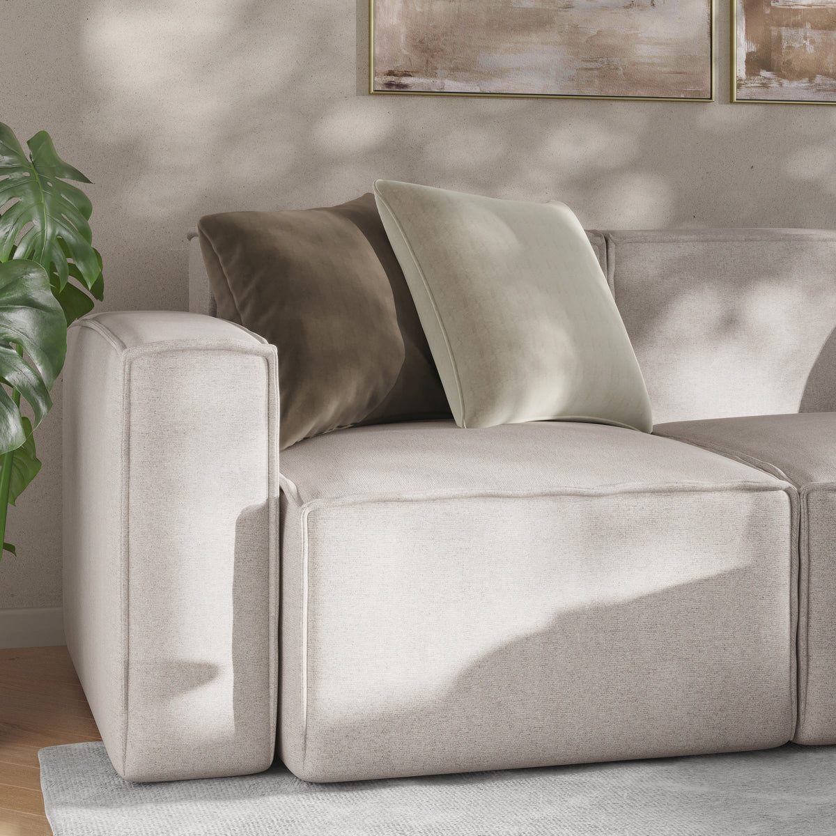 Cream |#| Contemporary 4 Piece Modular Sectional Sofa with Ottoman in Cream Fabric